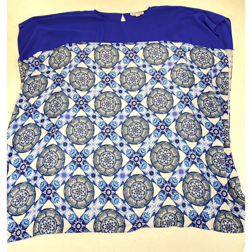 Badgley Mischka Blouse Womens Medium Blue Mandala Print Chiffon Boho Chic Top